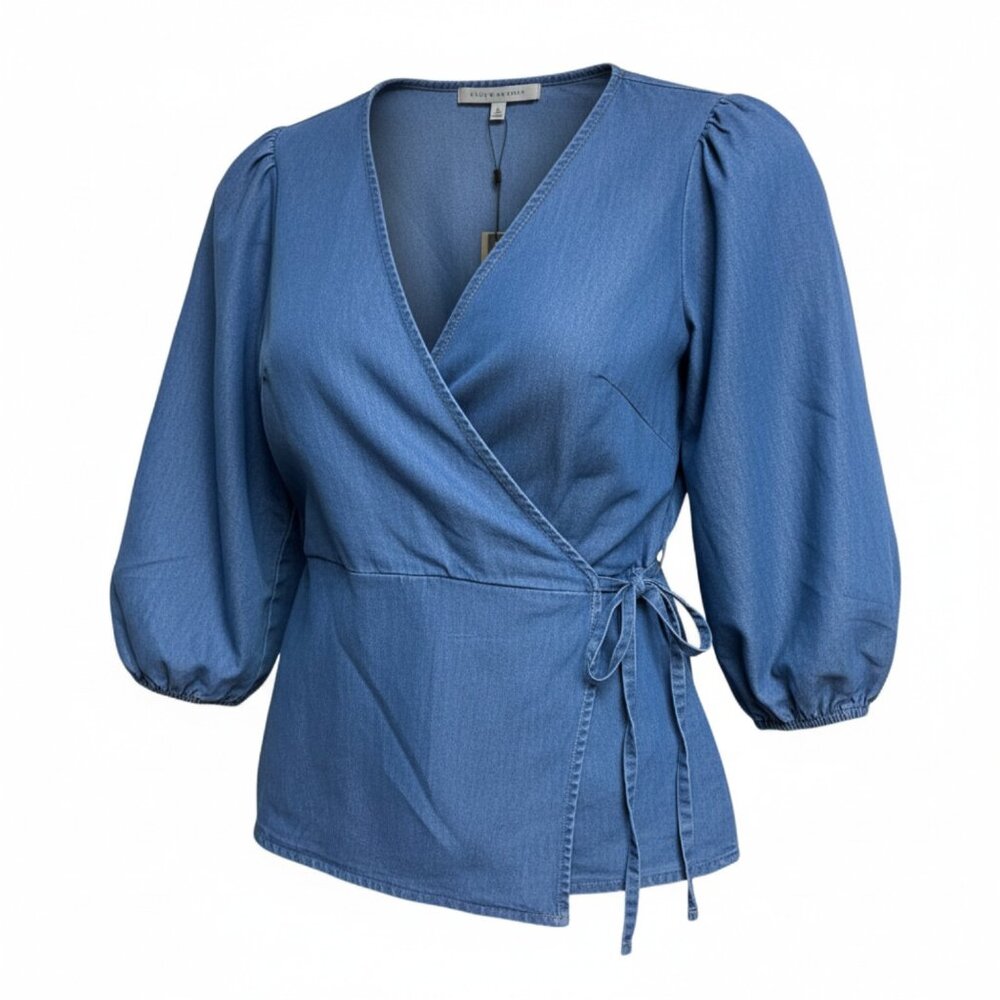 Alex and Parker Indigo Cotton Blend Surplice Wrap Tie‎ Top